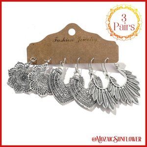 3 Pair Exotic Boho Silver Earring Sets